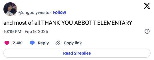 Social media post by @ungodlywests expressing gratitude to Abbott Elementary