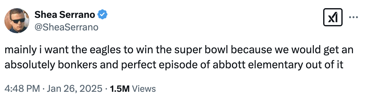 Wants Eagles to win Super Bowl for a "bonkers" episode of Abbott Elementary