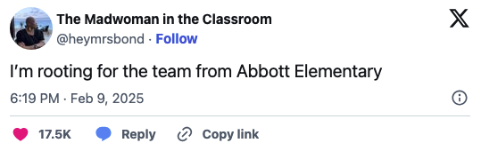 Tweet expressing support for the "Abbott Elementary" team, posted on February 9, 2025