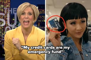 Two women in a split image: one in a news studio wearing a yellow blazer, the other holding a credit card in a shopping setting wearing a denim jacket