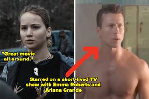 Two images: left shows a person outdoors; right shows a shirtless person next to text about a short-lived TV show with Emma Roberts and Ariana Grande