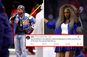 Kendrick Lamar performs in a jacket vs Serena Williams dances at the Super Bowl