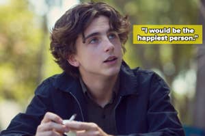 Person with wavy hair in casual jacket looking upwards, with text bubble: "I would be the happiest person."