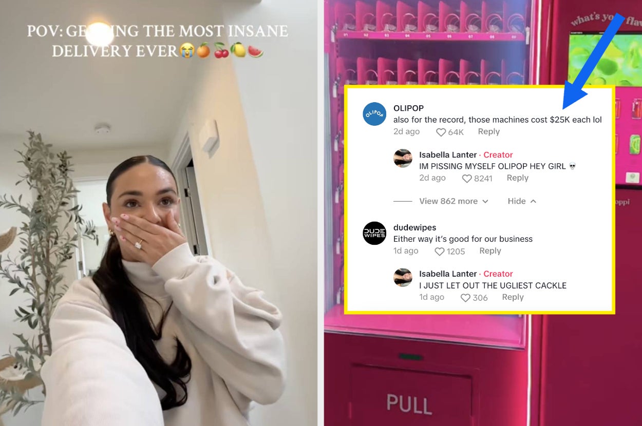 Woman reacts with surprise in front of a unique vending machine. Social media comments discuss its cost of $25K