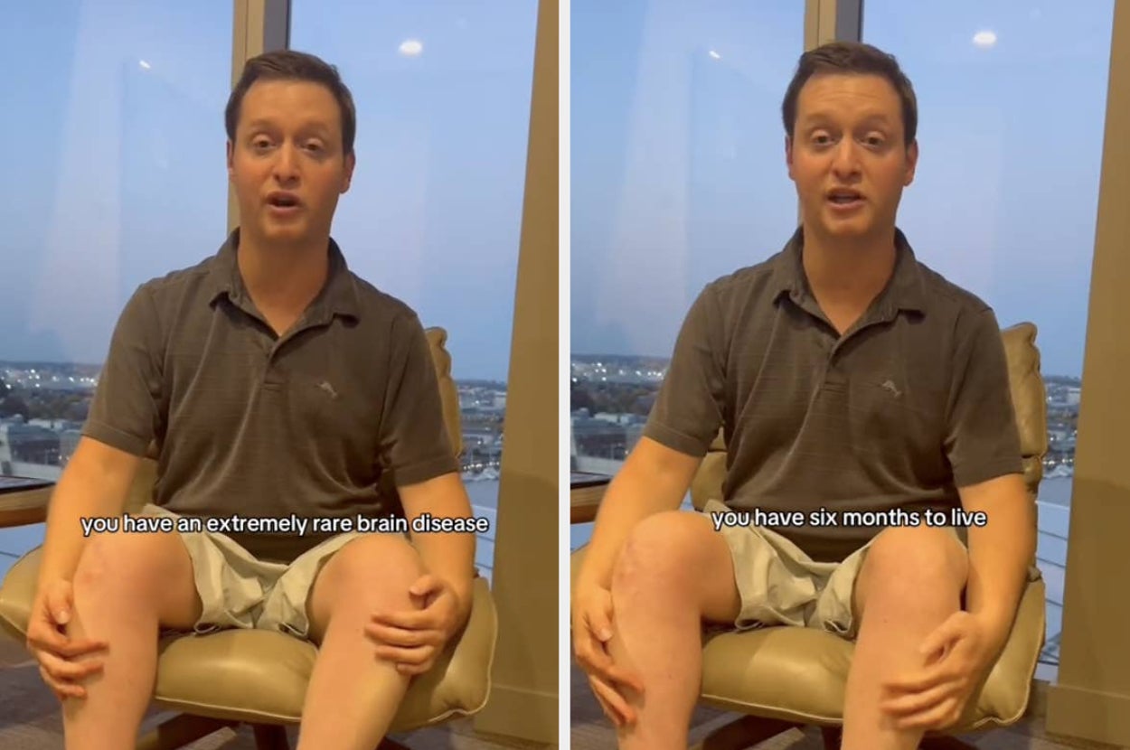 A man sits in an office chair with text over two images: "you have an extremely rare brain disease" and "you have six months to live."