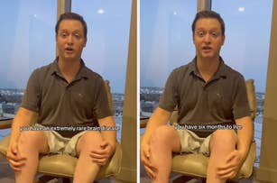 A man sits in an office chair with text over two images: "you have an extremely rare brain disease" and "you have six months to live."