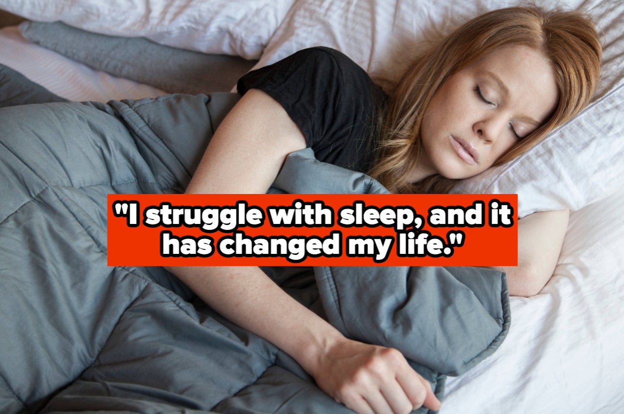 Woman sleeping under a blanket with a text overlay: "I struggle with sleep, and it has changed my life."