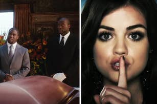 Split image: Left shows three men in suits standing beside a coffin. Right shows a woman making a silent gesture with a finger over her lips