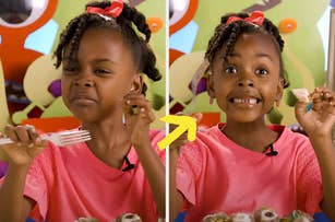 A young girl wearing a pink top makes a funny face holding a fork, then smiles excitedly holding food, with a playful yellow arrow between