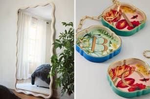 Full-length wavy mirror in a room; decorative jewelry trays with floral designs and initials B and C, used for shopping inspiration