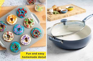 Image shows a donut baking pan with decorated donuts and a ceramic nonstick pan with a lid on a table, suggesting cookware for home baking