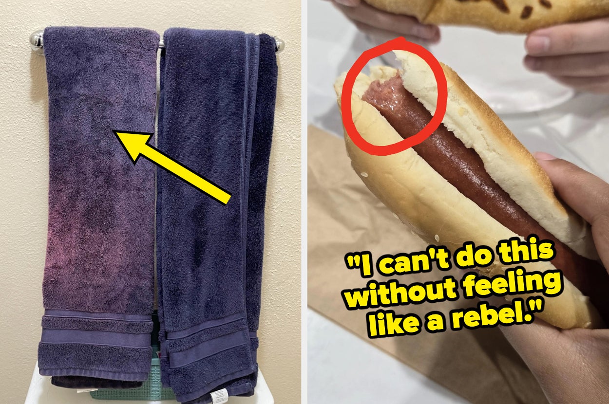 Two images: towels with an arrow pointing to a dark spot; a person eating a hot dog with text saying, "I can't do this without feeling like a rebel."