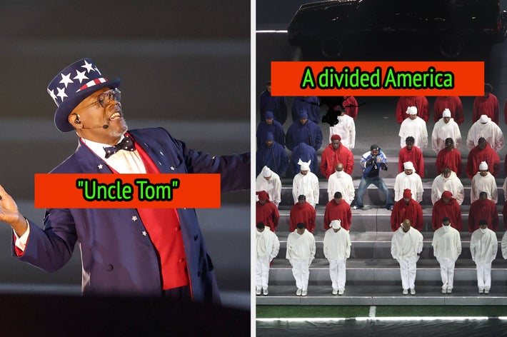 A man in a star-spangled hat gestures; group in red, white, blue outfits sits on tiered steps. Text reads “‘Uncle Tom’” and “A divided America."