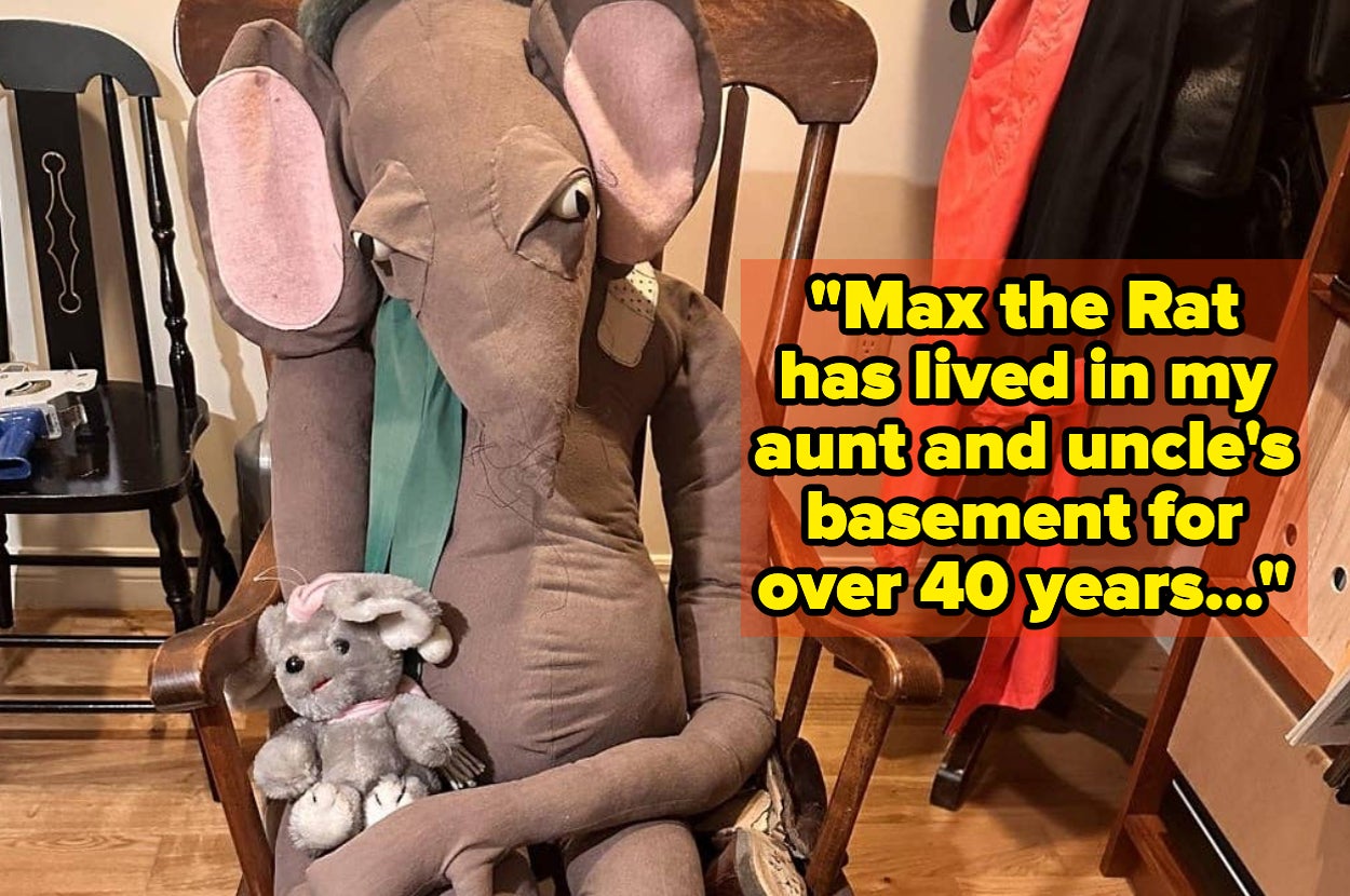 Stuffed rat toy with long limbs, sitting in a wooden chair. Caption reads: "Max the Rat has lived in my aunt and uncle's basement for over 40 years..."