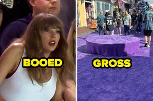 Two-panel meme: left shows a woman in surprise with "Booed" text; right shows a purple carpet with an empty platform and "Gross" text
