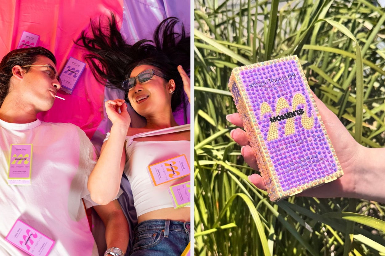 Two people lying on textiles, wearing casual clothes with lollipops; close-up of a bejeweled item held by a hand, featuring a "Moments" logo