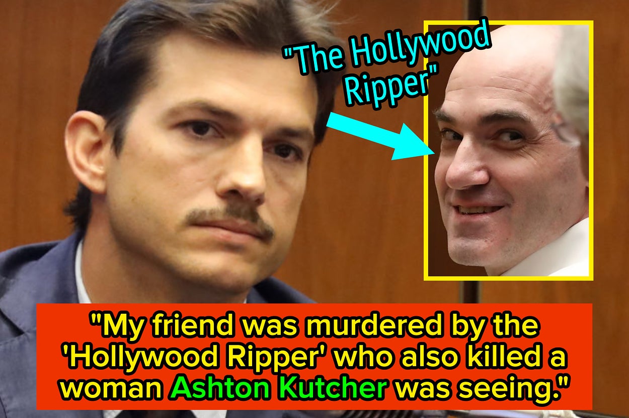 Two men in a courtroom setting; an arrow points to one with text summarizing a crime related to Ashton Kutcher's girlfriend