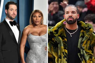 Left: Alexis Ohanian and Serena Williams posing at an event. Right: Drake standing courtside at a basketball game