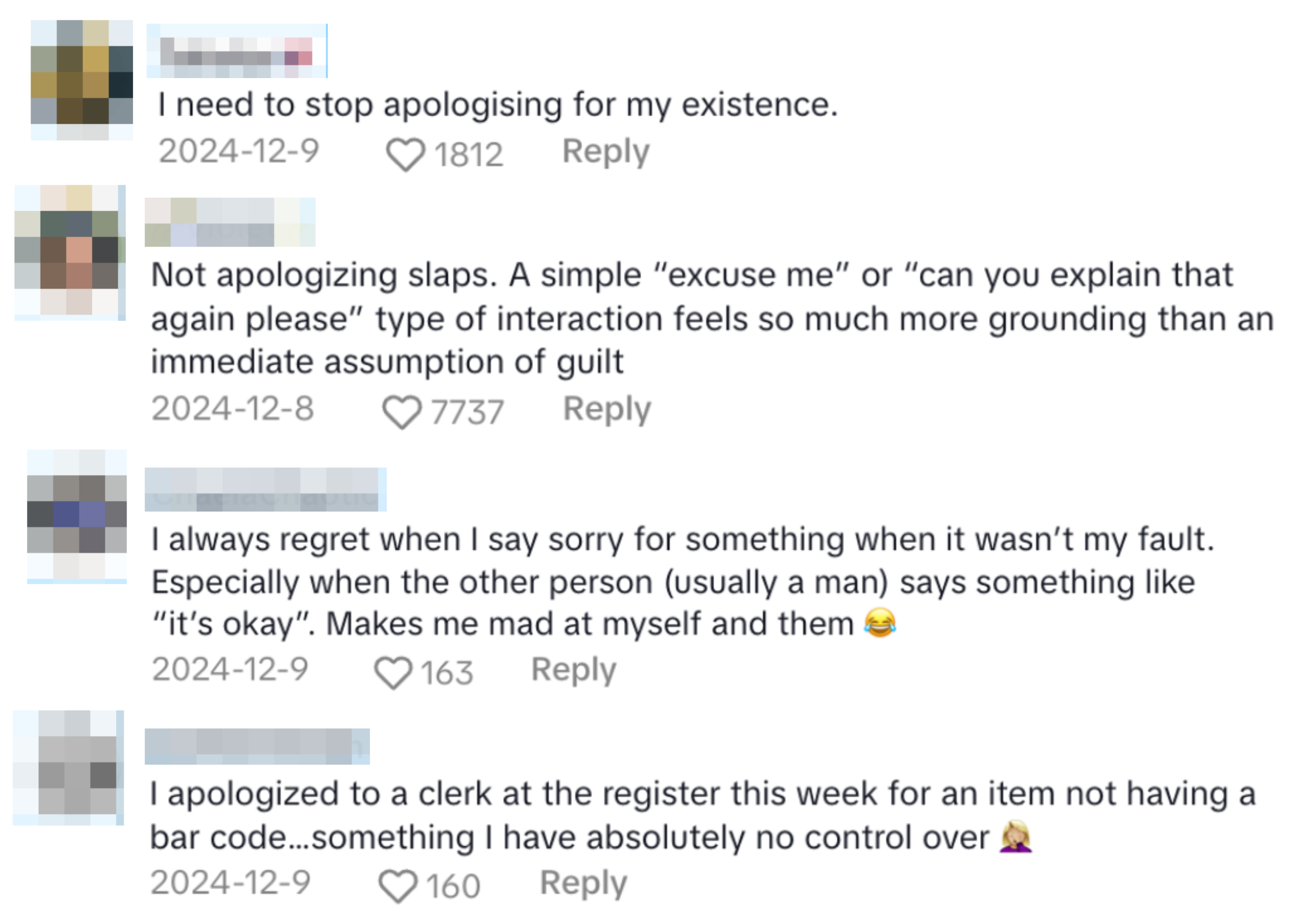 Post i sosiale medier med fire brukere som diskuterer opplevelser av unnskyldning; Temaer inkluderer selvrefleksjon og samfunnsforventning