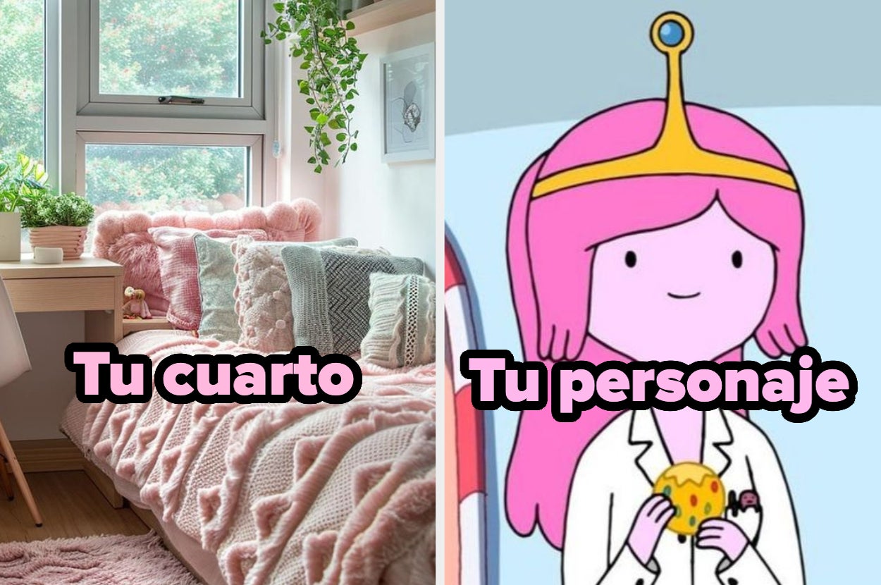 Cuarto acogedor con decoración rosa y personaje animado con cabello rosa, corona y bata blanca. Frases: "Tu cuarto" y "Tu personaje"