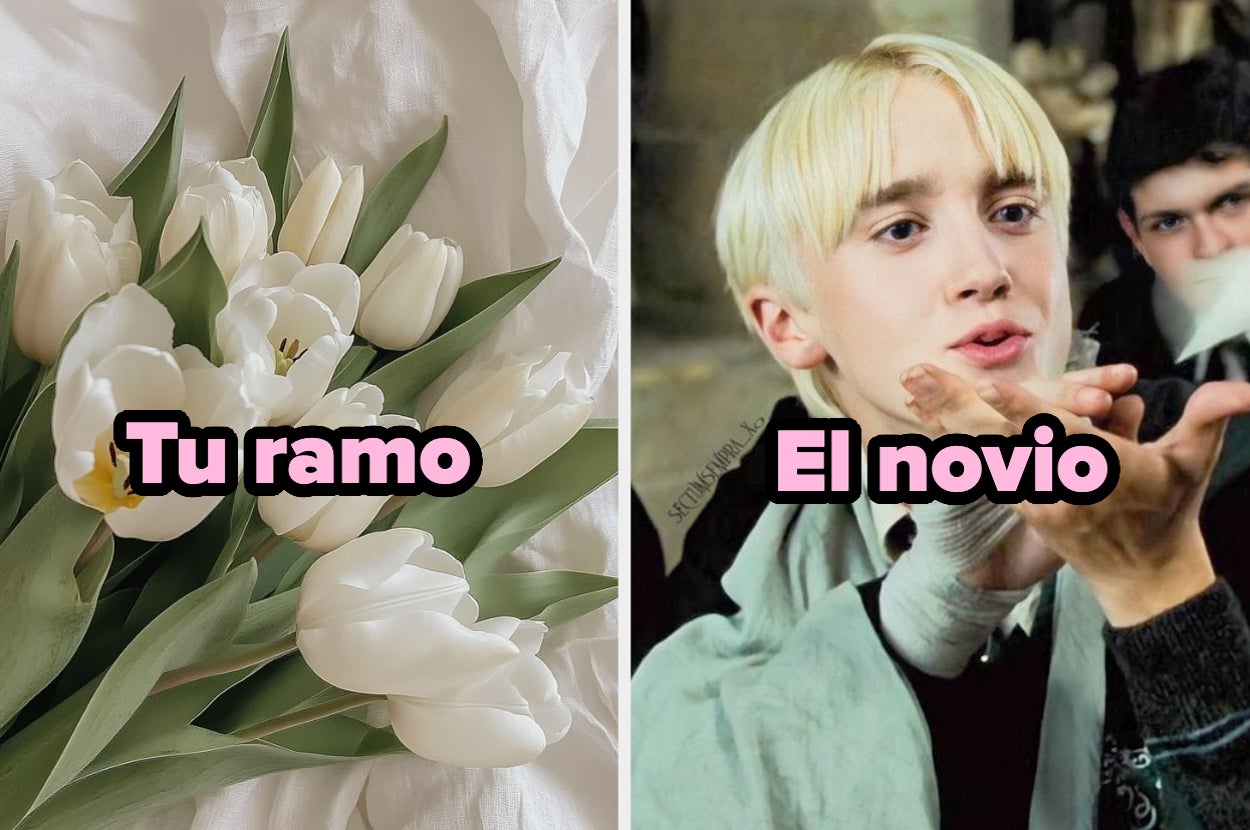 Montaje humorístico: a la izquierda, un ramo de tulipanes blancos; a la derecha, escena de película con un personaje rubio soplando un beso. Texto dice "Tu ramo" y "El novio"
