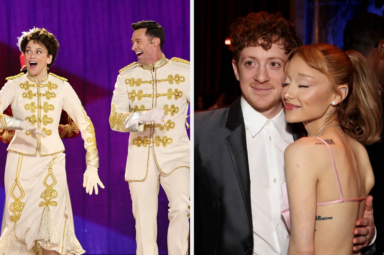 Left: Sutton Foster and Hugh Jackman on stage during a musical number. Right: Ethan Slater and Ariana posing together