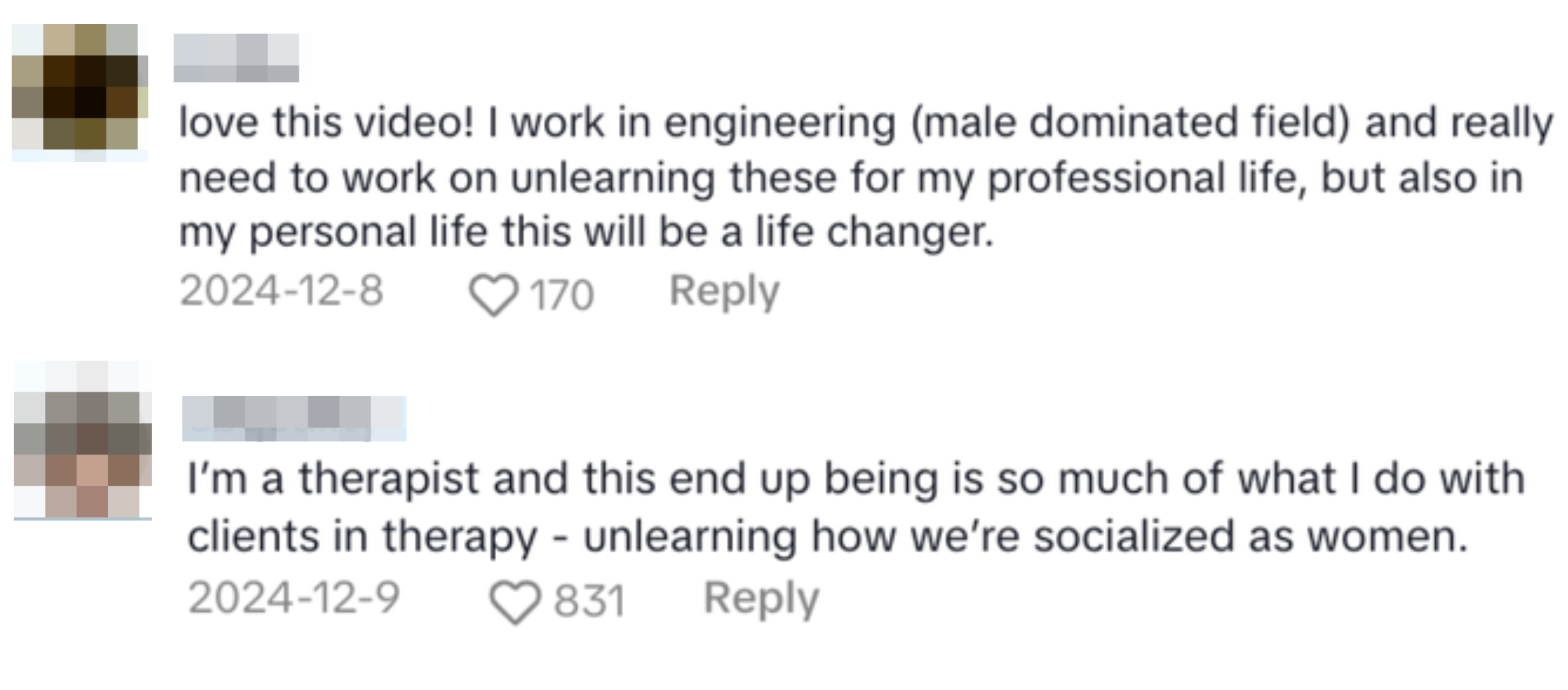 Kommentarer som diskuterer utlæring av sosiale normer i mannsdominerte felt og terapi, og fremhever personlig og profesjonell innvirkning