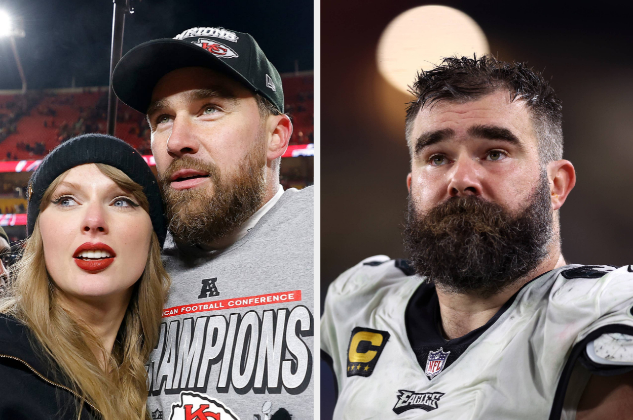 Two side-by-side photos: left, a woman with a beanie and a man in a conference champions shirt; right, a bearded man in a football uniform