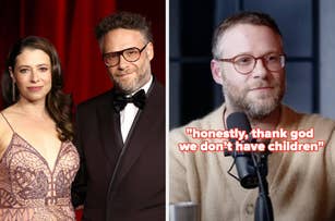 Two side-by-side images: Left shows a couple dressed in formal attire at an event; right shows one person speaking in an interview