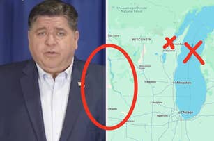 A person speaking beside a map of Wisconsin with red X marks, likely indicating important locations, circled in red
