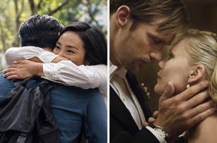 Two romantic scenes from TV/movies: one with a couple embracing outdoors, another with a couple in an intimate moment indoors