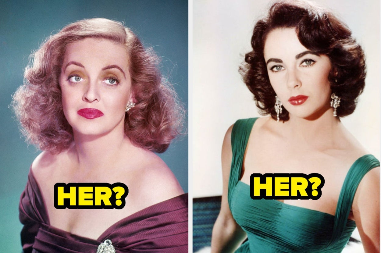 Two women with glamorous hairstyles and makeup, each captioned "HER?" in bold text, possibly comparing them for a celebrity article