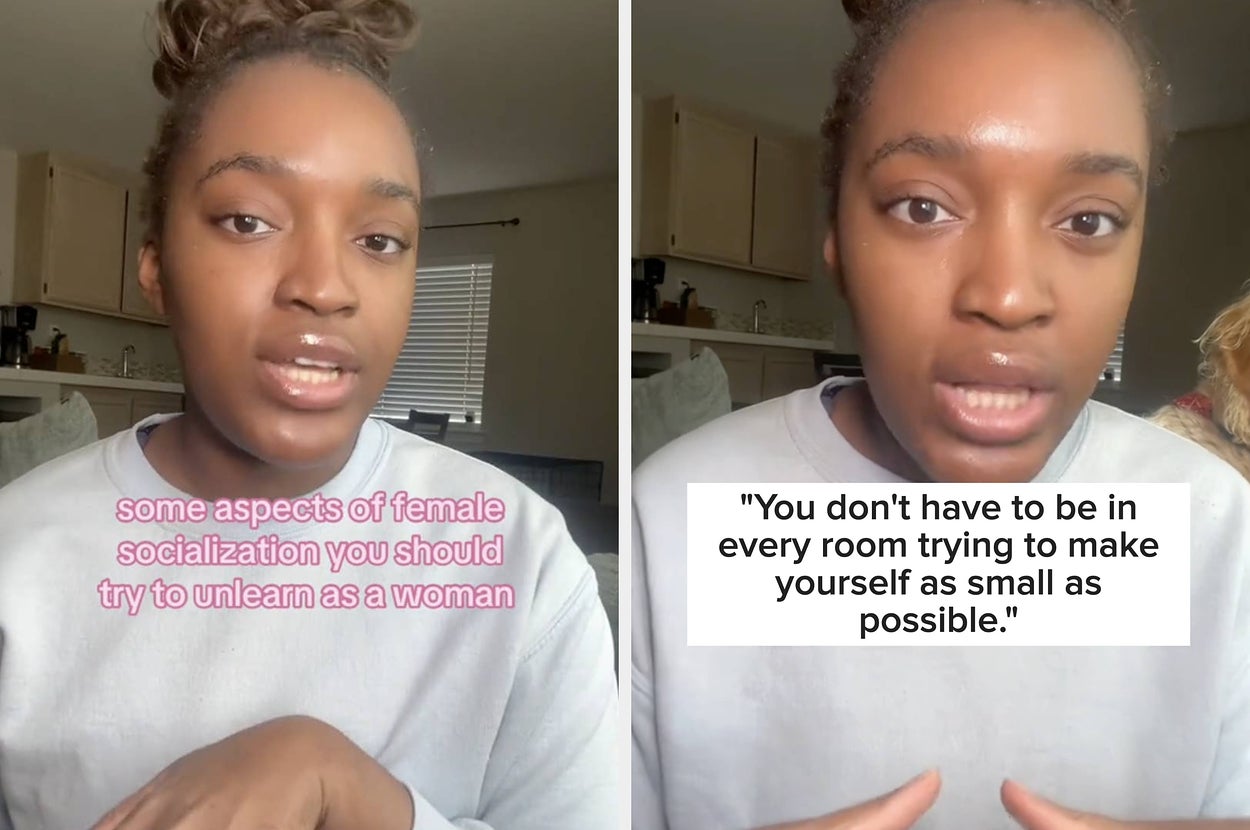 Two images of a woman indoors with text about unlearning female socialization, emphasizing not making oneself small in every room