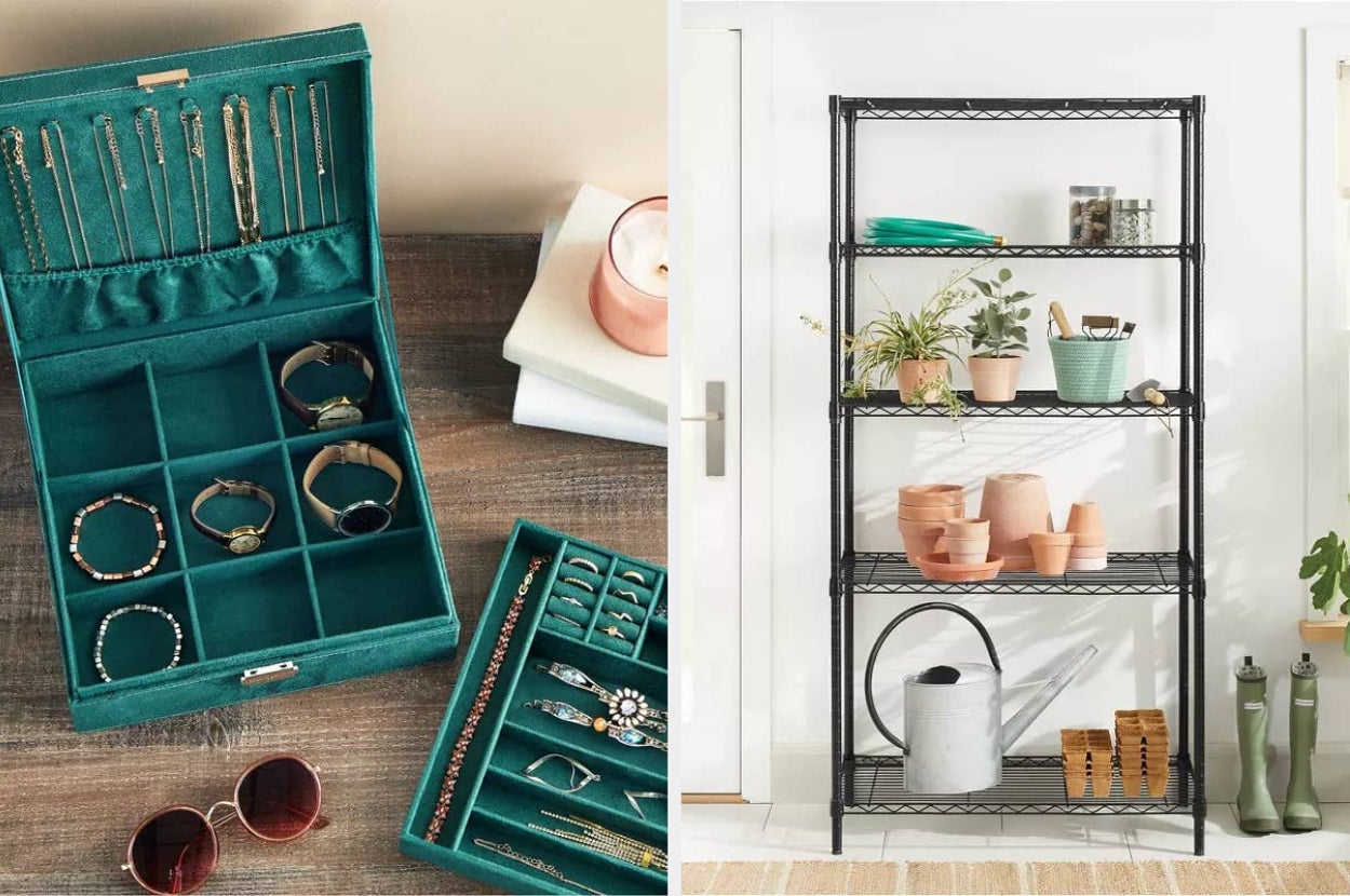 Jewelry organizer with compartments on a table; wire shelf with plants and pots in a home setting