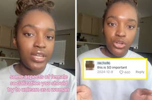 Person discussing gender socialization, with on-screen text about unlearning aspects and an emphasized positive comment