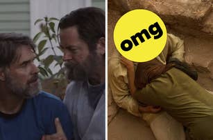 Two scenes: left shows two men conversing closely; right shows an archaeological find with a yellow circle labeled "omg" over part of it