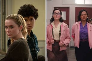Two-image collage: Left, two people looking intently; right, two people in vintage-style pink jackets walking confidently indoors