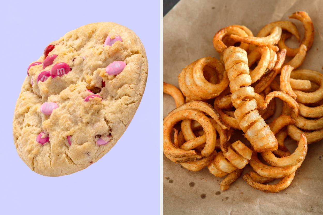 On the left, a Valentine's M and M cookie from Crumbl, and on the right, some curly fries