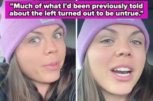 Two images of a person wearing a beanie, speaking in a car. Text on the images relates to fear and alt-right spaces on TikTok