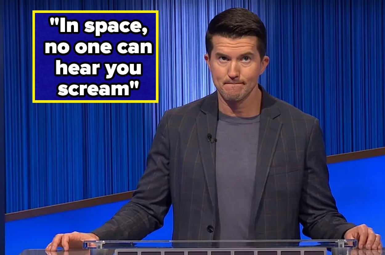 A person on a game show set looks contemplative. The text reads: "In space, no one can hear you scream."