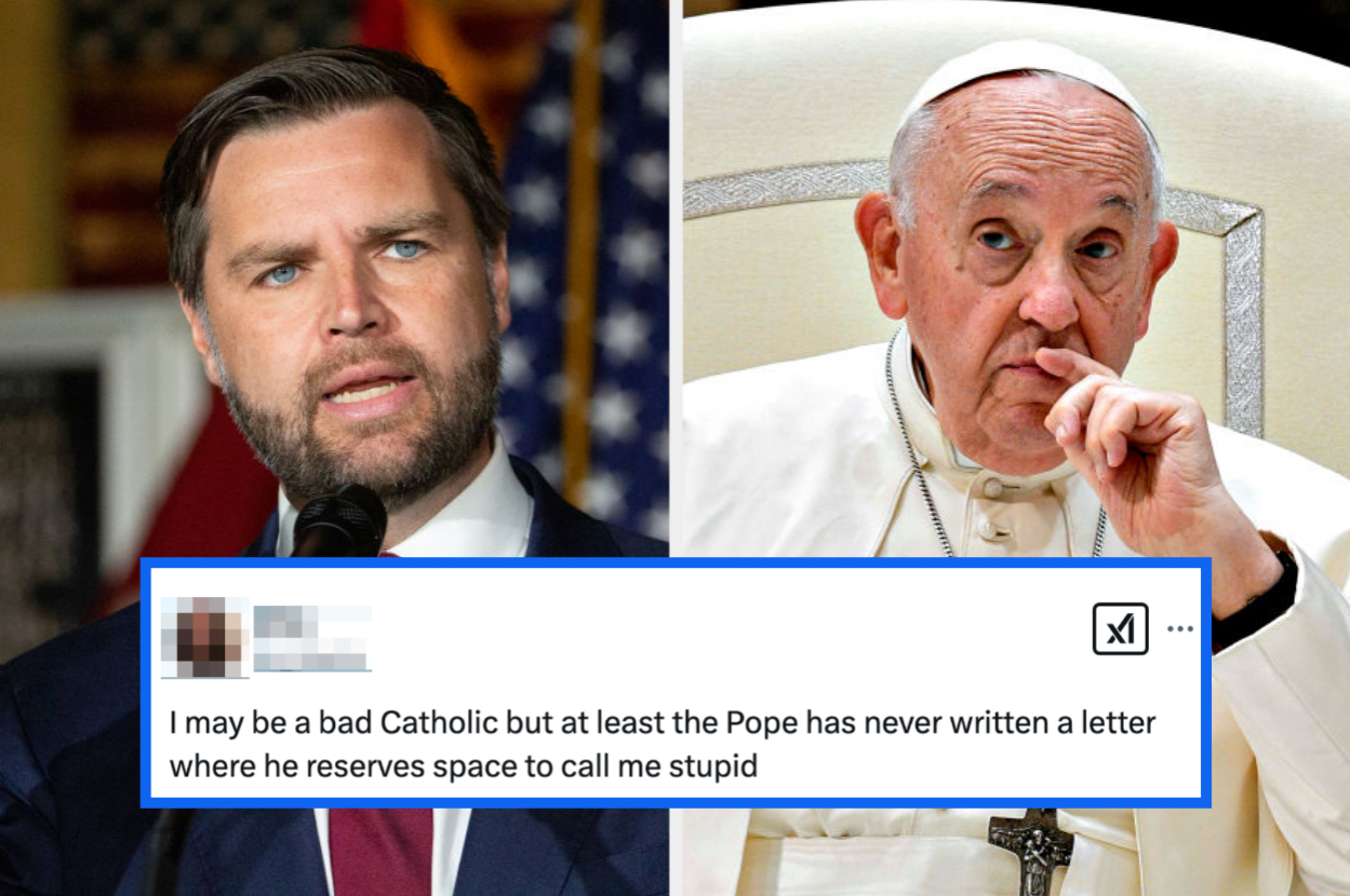 Two men appear, one in formal attire speaking, the other in religious robes and hat. Text overlay jokes about the Pope never calling someone stupid