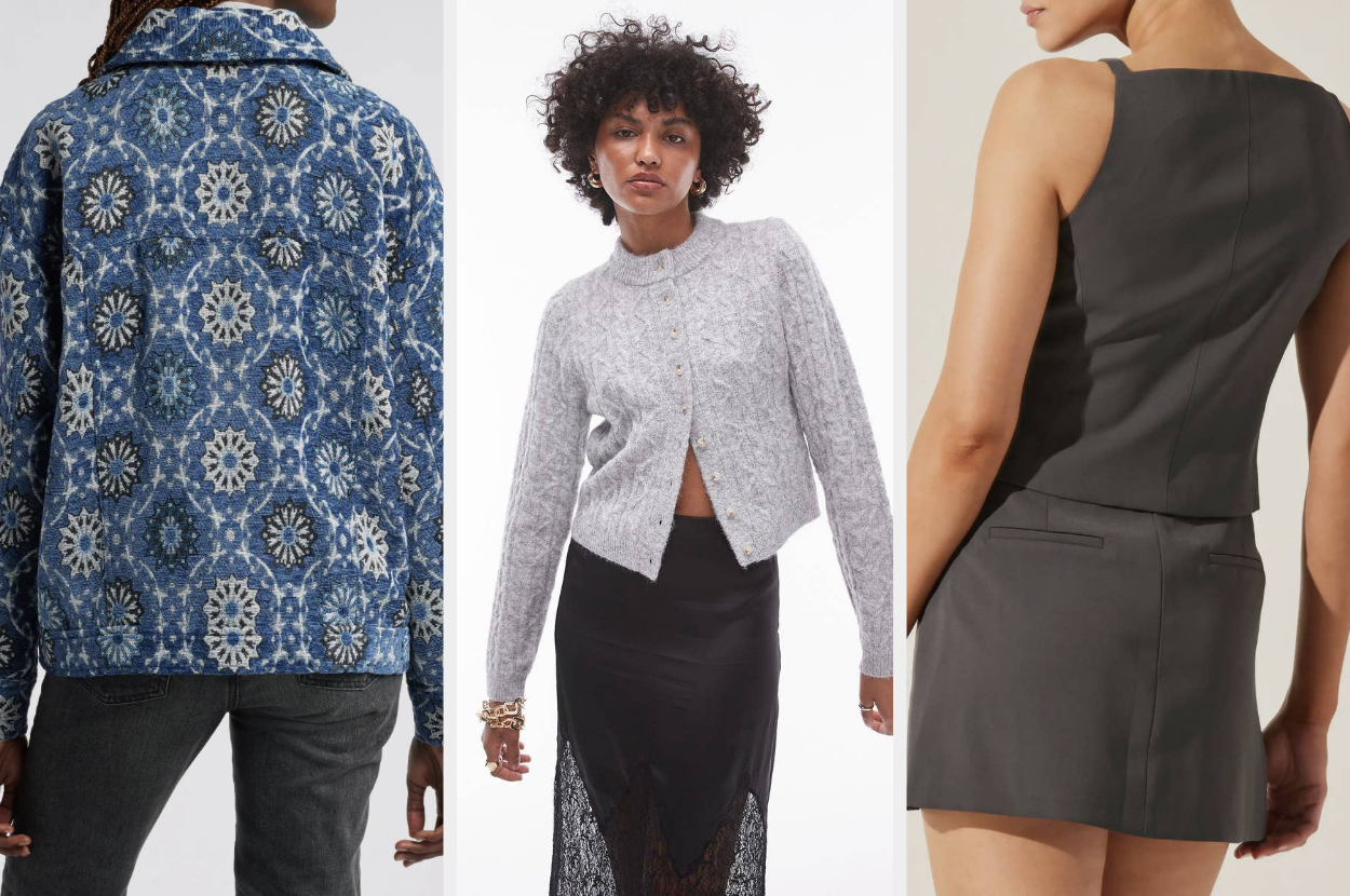 Three models showcase different outfits: a patterned jacket, a cable-knit cardigan with a lace skirt, and a sleeveless top with matching shorts