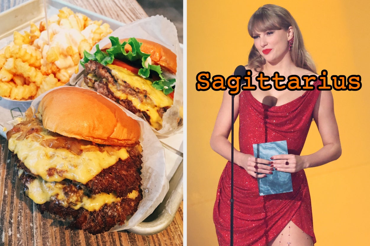 On the left, two burgers on a tray with cheese fries, and on the right, Taylor Swift labeled Sagittarius