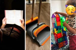 Three-panel image: a person reading a book, a dustpan and brush set on a floor, and a child building with colorful magnetic tiles
