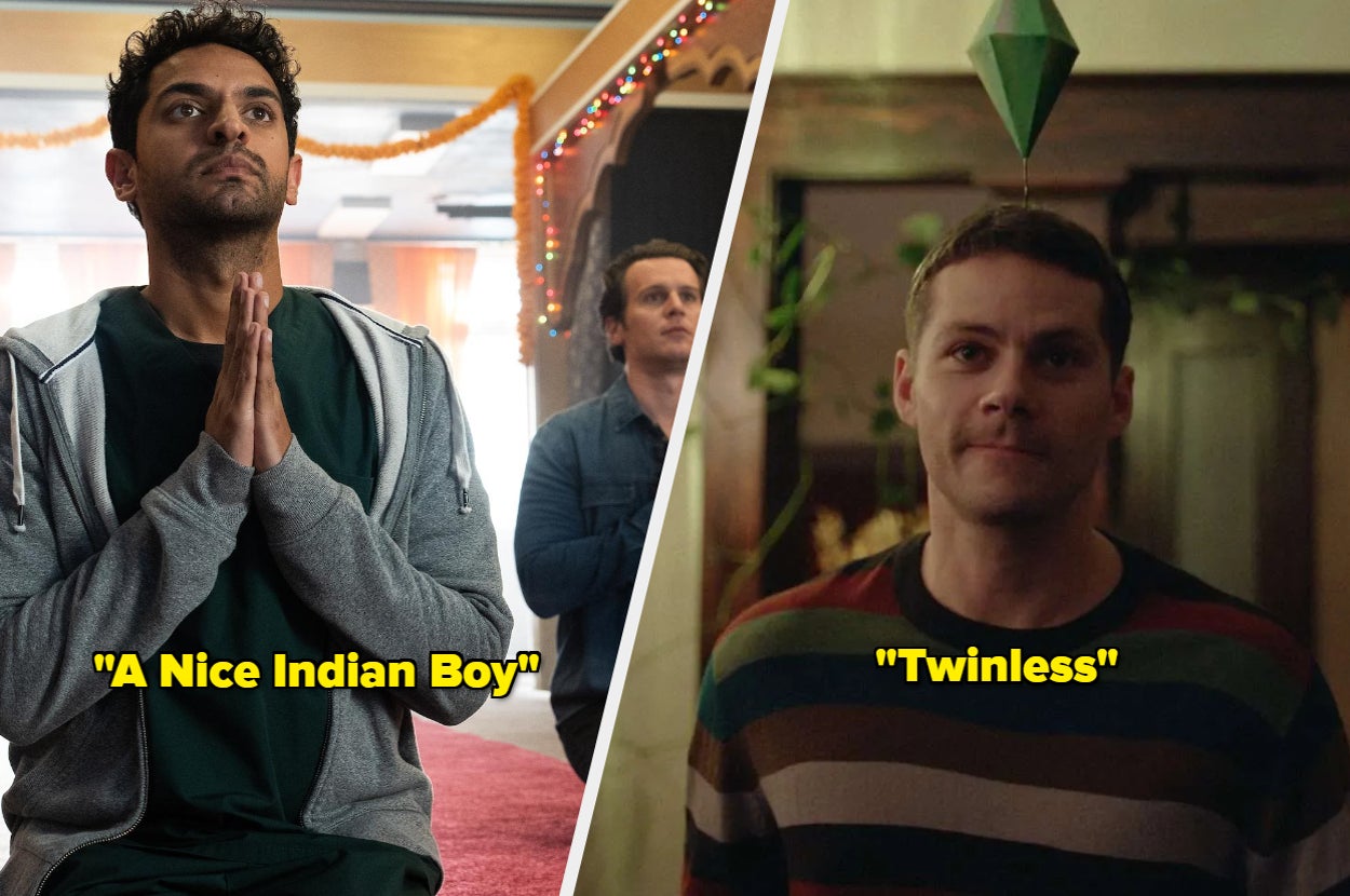 Split image: On left, person meditates with "A Nice Indian Boy" text. On right, person in striped sweater with "Twinless" text above