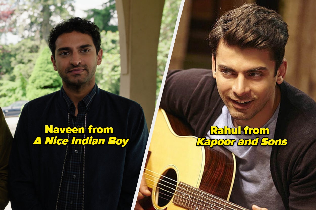 Two images side by side: left shows a man in casual wear; right shows a man holding a guitar. Text reads "Naveen from A Nice Indian Boy" and "Rahul from Kapoor and Sons."