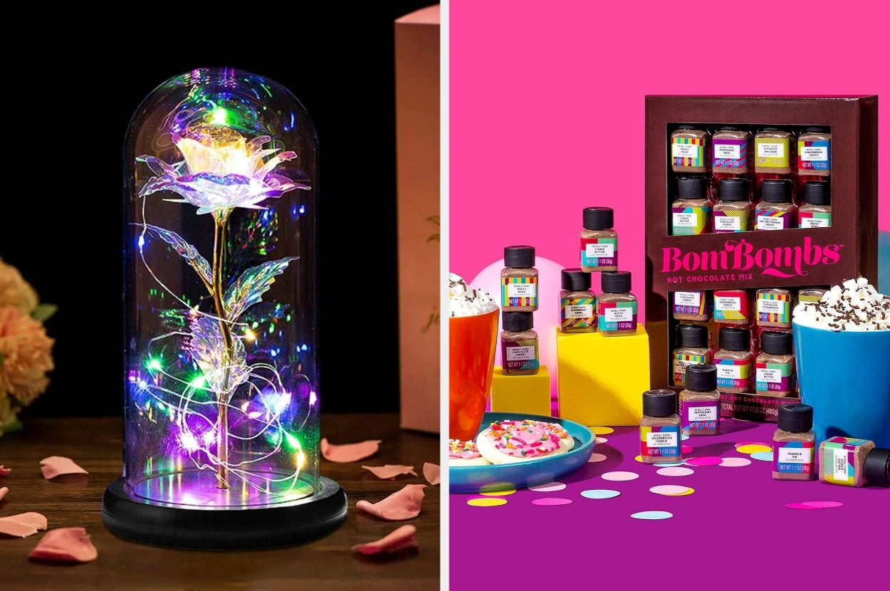 Glass-encased LED rose on left; hot chocolate gift set with colorful toppings on right
