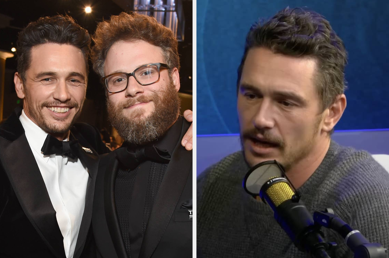 Two men in formal attire at an event; another man speaks into a microphone, wearing a casual sweater