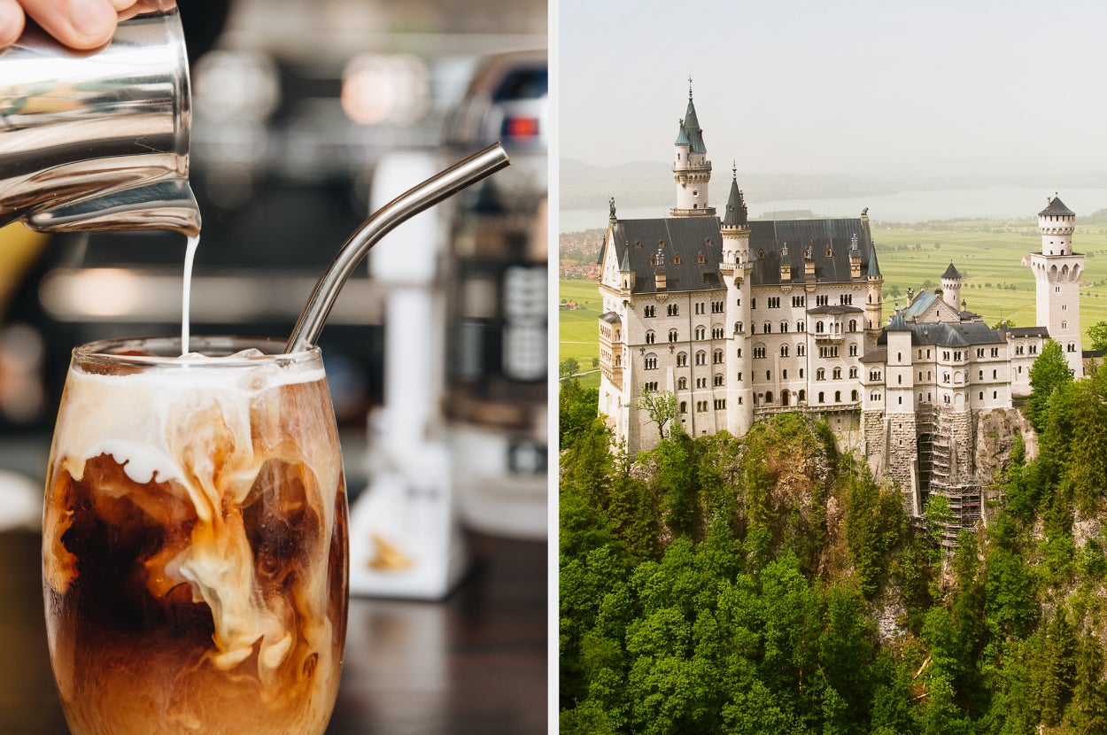 Left: Pouring milk into iced coffee with a straw. Right: Neuschwanstein Castle surrounded by greenery