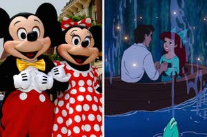 Mickey and Minnie Mouse in costume pose together; Ariel and Prince Eric hold hands in a boat scene from "The Little Mermaid."